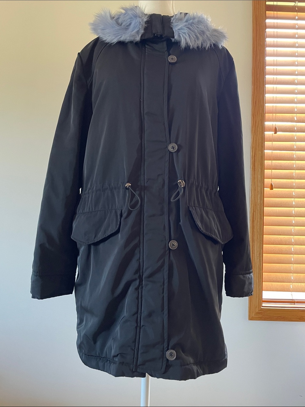 Who What Wear Parka Coat Light Blue Faux Fur Trim Hood Black Women’s Medium